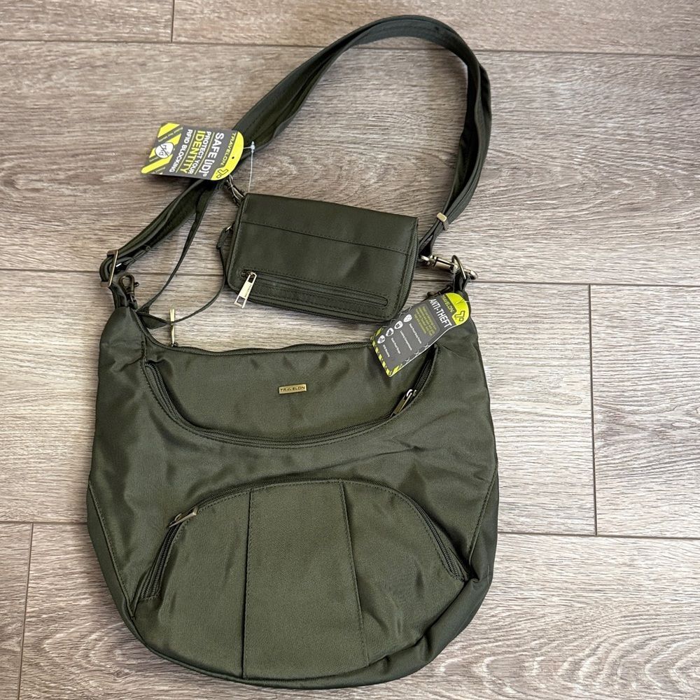 New With tags Travelon Anti-Theft Crossbody Bag, w/matching wallet Olive Green